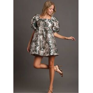 Umgee Metallic Floral Puff Sleeve Babydoll Dress Size L